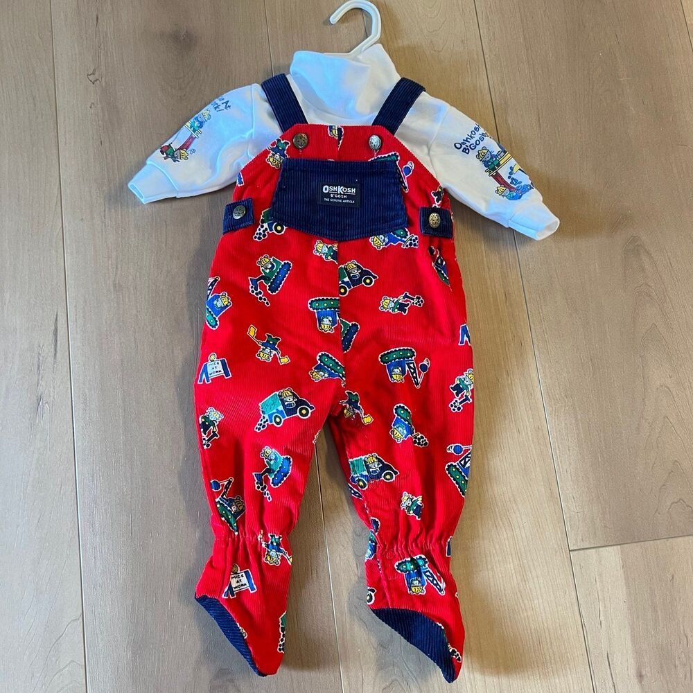 Vintage Oshkosh B'Gosh Overalls Vestbak Red Mice at Work 3-6mo Construction USA